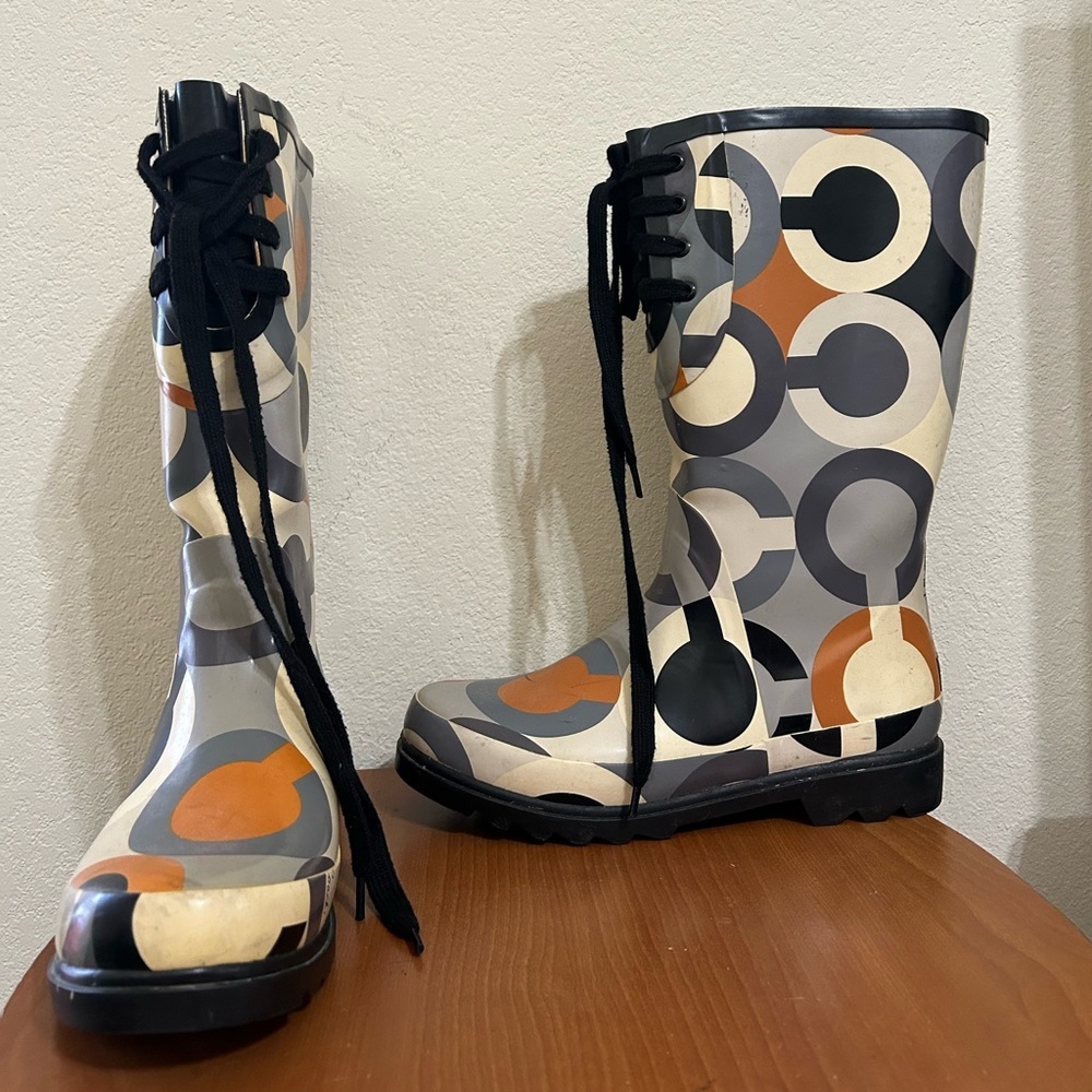 Coach Women's Geometric Rain Boot Periwinkle PullOn Lace Waterproof Size 9 Black